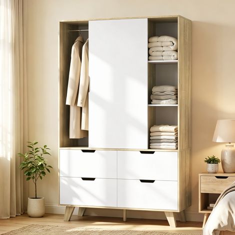 Armoire Chambre Penderie 2 Portes Coulissantes, 4 Tiroirs, Barre Suspension, Chêne et Blanc (1/5)