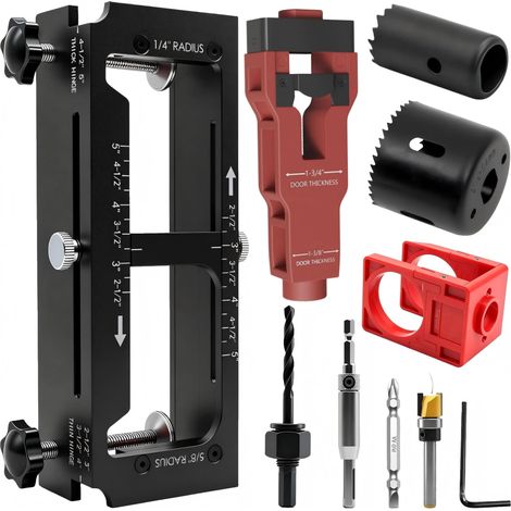 Kit d'Installation de Charnières de Porte avec Outil Haute Gamme Noir, Outil de Retrait Rouge Foncé et Gabarit de Perçage pour Serrure (1/5)