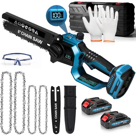900W 28000tr/min Mini Tronçonneuse Sans Balais 6&8 Pouces Tension+Lubrification Auto Sans Outil 4 Chaînes 2x Batteries 18V Compatible Makita Écran Niveau Batterie pour Élagage Jardin (1/5)