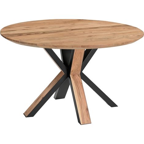 Runder Esszimmertisch Akazie naturfarben Schweizer Kante 120 cm Spider-Gestell schwarz aus Metall + Holz KIMBERLY (1/5)