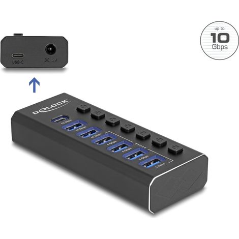 Delock Concentrador USB de 7 puertos con 4 puertos de 10 Gbps y 4 puertos de carga rÃ¡pida con conmutador e iluminaciÃ³n