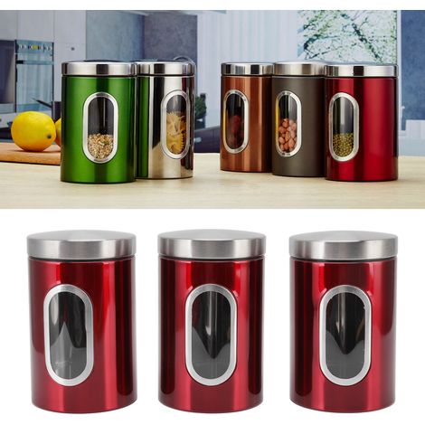Ensemble de trois boîtes de rangement de cuisine en acier inoxydable de style nordique pour les céréales, les aliments, le thé, le café et les produits ménagers, rouge (1/5)