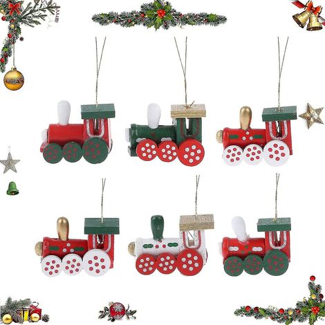 Pendentif sapin de Noël en bois, train de Noël en bois (6 pièces), décorations en bois pour sapin de Noël. (1/5)