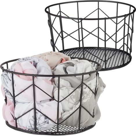 2 Cestini Rotondi, Vintage, Contenitore per Vestiti e Accessori, Decorativo, in Metallo, HxD: 12,5 x 22 cm, Colore Nero (1/5)