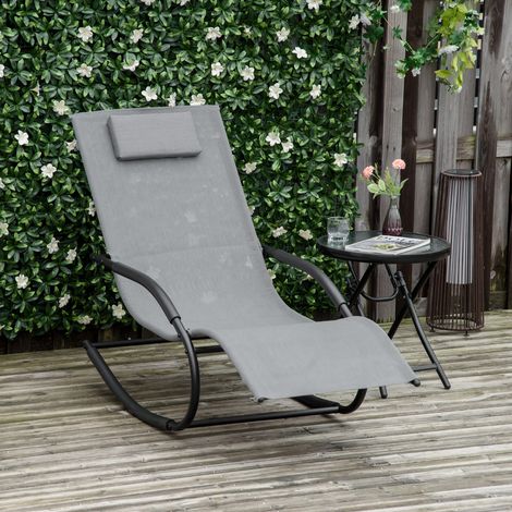 Chaise longue à bascule rocking chair ergonomique avec tétière accoudoirs métal galvanisé textilène Gris
