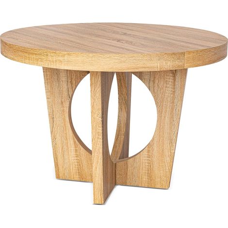 Cotecosy – Table ronde extensible 3 rallonges en chêne clair – Dimensions L110-260 x P110 x H76 cm – Pied central en V pour stabilité (1/2)