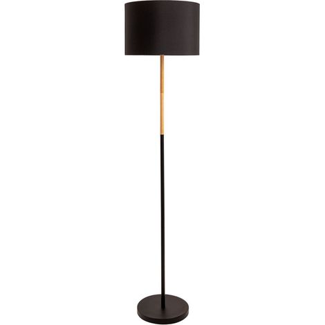 Lampadaire Design en Métal Noir, Bois d'Hévéa et Tissu Naturel, Hauteur 126 cm, Douille E27 - PANGIVO (1/5)