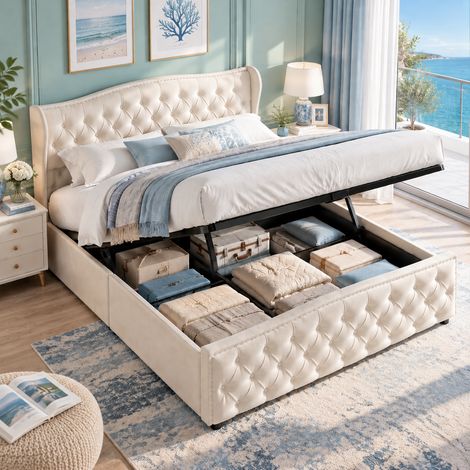 Lit coffre 140x200 cm avec sommier, lit double rembourré avec rangement hydraulique, lit 140x200 capitonné avec tête de lit cloutée design moderne confortable, velours beige