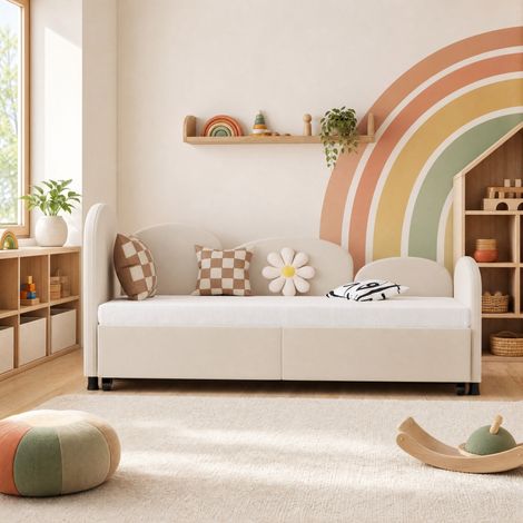 Letto singolo per bambini 90x200 cm in metallo e velluto beige salvaspazio FloraGrace (1/5)