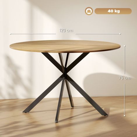 Table de salle à manger ronde de style industriel, pieds en croix en acier, diamètre 120 cm x hauteur 75 cm, couleur chêne. (1/5)
