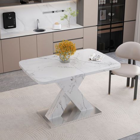 Rechteckiger Esstisch mit ausziehbarer Tischplatte und X-Gestell, aus MDF und Stahl, 120×80×76.5 cm, Weiß