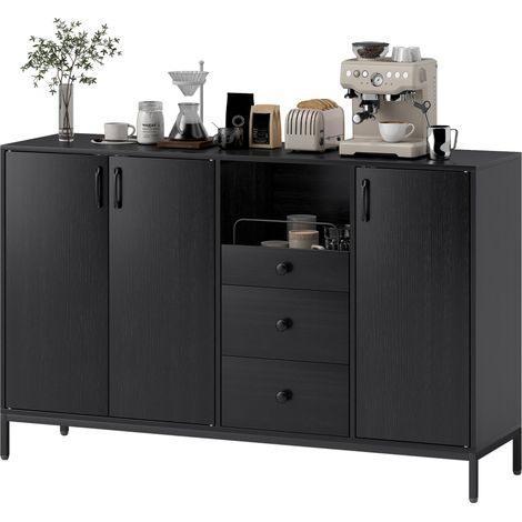 Buffet 3 portes, buffet de salon avec 3 tiroirs, étagères réglables pour cuisine ou entrée, noir, 143,5 x 40 x 90 cm (1/5)