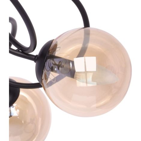 Lustre Kaja FLORO grand métal noir verre ambre 5xE14