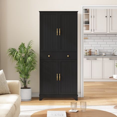 Hoher Küchenschrank – 77 x 40 x 181 cm – Geschirrschrank mit verstellbaren Einlegeböden, 2 Schubladen und Auszug – Kühlschranktüren – Schwarz