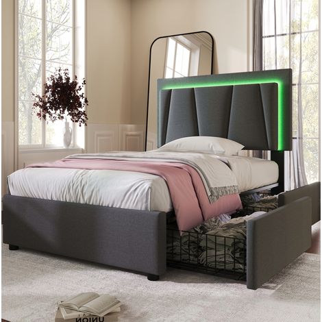 Bett 90x200 cm grau mit höhenverstellbarem Kopfteil, LED und 2 Schubladen (1/5)