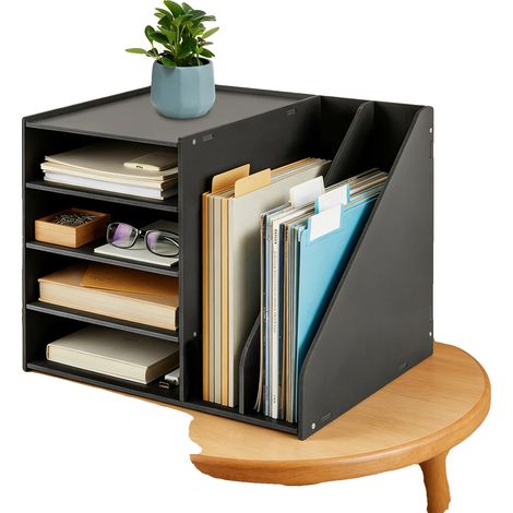 Organizador de archivos, diseño de 4+2 niveles, material de PVC duradero, negro. (1/2)