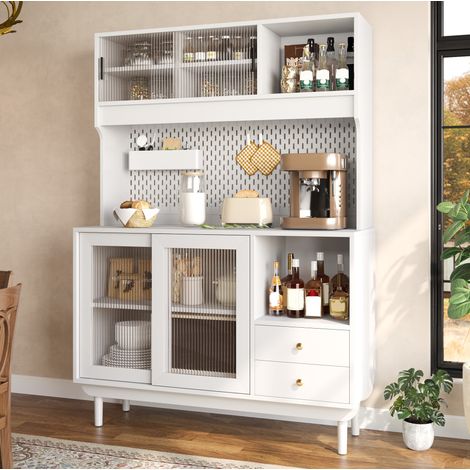 Buffet de cuisine blanc avec portes coulissantes en verre strié, niches ouvertes et tiroirs (1/5)