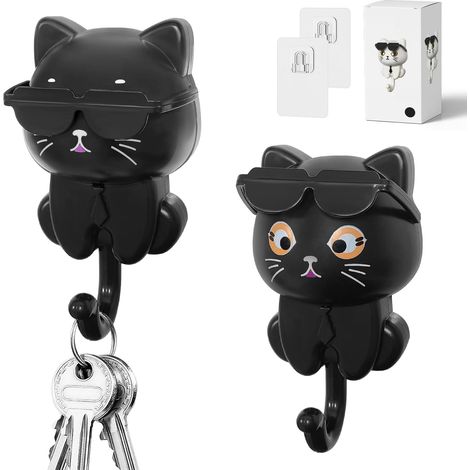 2 kreative, selbstklebende Wandhaken in Form einer Katze/Brille, für Schlüssel, Kleidung, Schmuck.