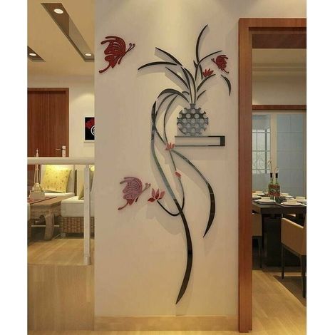 3D Plantes en Pot Peintures Murales pour Salon Chambre Canapé Fond TV Mur Fond Originalité DIY Cadeau Autocollants Décoration Murale Décoration Murale (Rouge, Grand) (1/5)
