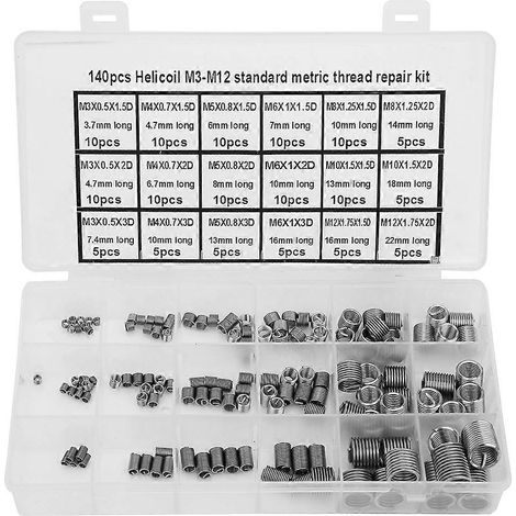 140-teiliges Set mit Gewindeeinsätzen aus Edelstahl zur Gewindereparatur (M3-M12) inklusive Box