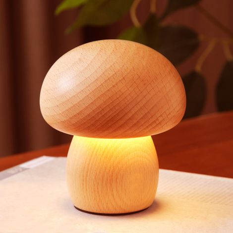 Kreative dekorative Nachttischlampe aus Massivholz in Form eines Pilzes, LED-Lampe für Kinder aus Buche (kleines Modell aus Buche).