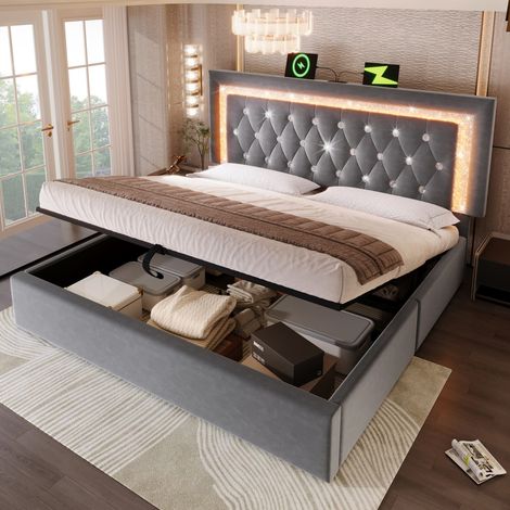 Lit double 140x200cm velours gris avec tête de lit LED diamant, rangement coffre hydraulique, sommier lattes et charge USB/Type-C (sans Matelas) (1/5)