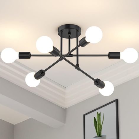 Lustre Industriel 6 Lumières - Noir Mat - Métal Robuste - Design Rétro Sputnik - Salon Chambre Cuisine - Ø 51 cm (1/5)