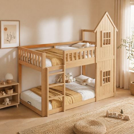 Cama litera infantil 90x200 cm en pino y MDF, natural, estilo casita, 2 ventanas, escalera de 3 peldaños y barandillas (1/5)