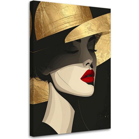 Quadro su tela, Una donna indossa un cappello ornato con dettagli dorati. - 40x60 (1/2)