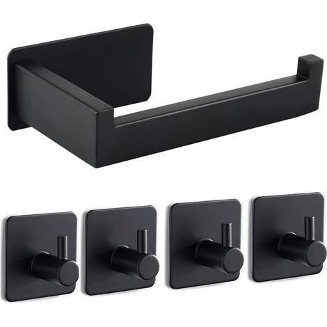Porte-papier toilette sans perçage, porte-papier toilette autocollant, porte-rouleau de papier toilette en acier inoxydable avec 4 crochets pour serviettes pour cuisine et salle de bain, noir (1/5)