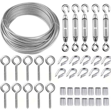 Edelstahl-Aufhängeseil-Set, 30 m/2 mm beschichtetes Edelstahlseil mit M5-Spannschlössern, 2 mm Metallseil-Set für Kletterpflanzen, Wäscheleinen, Geländer, Leitplanken (1/4)