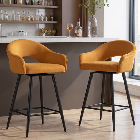 Wahson Barhocker 2er Set aus Samt, Modern Tresenhocker Gepolstert Barhocker mit Lehne Schwenkbar Metallbeinen für Esszimmer Hausbar, Gelb