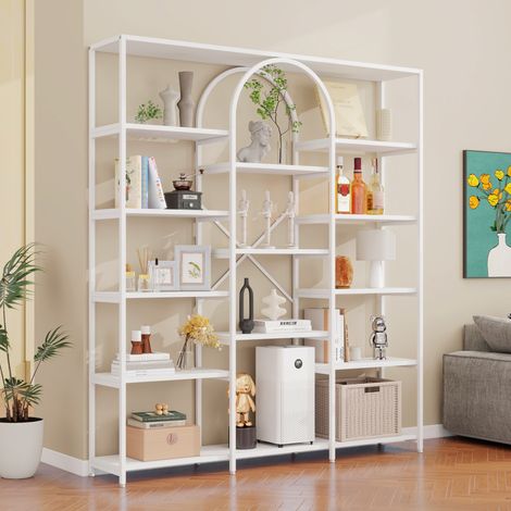 Estantería 160x30x180 cm rectangular con diseño curvo fabricada en tubo de acero y MDF color blanco (1/5)