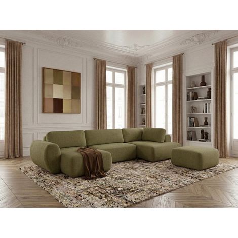 BOBOCHIC - Canapé panoramique convertible coffre DENISE tissu texturé avec pouf Angle gauche  Vert (1/5)