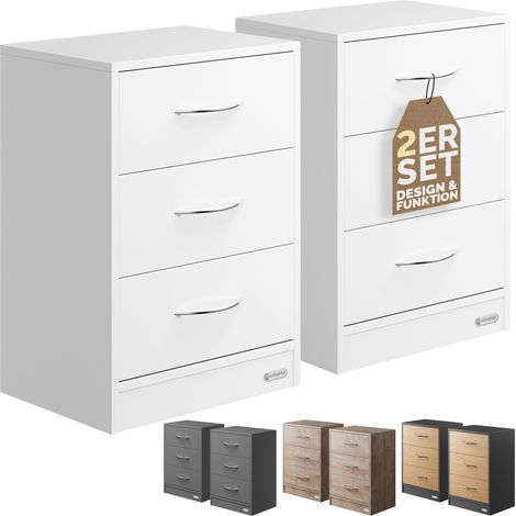 CASARIA® Eloise 3-Drawer Bedside Table Chest Of Drawers 3 Drawers Cable Routing Hole Wall Mounting Option Bedroom Nightstand 54x39x28cm Set of 2 White