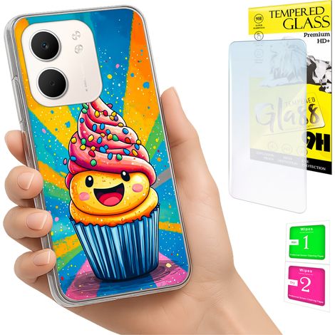 Custodia per Oppo A5X con foto, cover posteriore color torta e vetro 9H. (1/5)