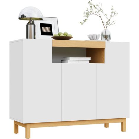 Buffet moderne 3 portes blanc et bois, meuble de rangement salon/salle à manger (1/5)