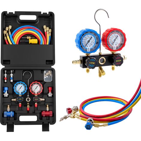 Mophorn Kit Manometro del Refrigerante per Aria Condizionata per Veicoli, Strumenti a 3 Vie con Tubi Flessibili e Raccordi a Sgancio Rapido, Manometro per Climatizzazione Auto (1/5)