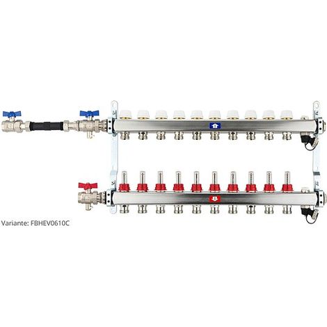 Fußbodenheizungsverteiler aus Edelstahl mit Topmeter für 10 Heizkreise - mit WMZ-Anschlussset 110 mm waagrecht (1/3)