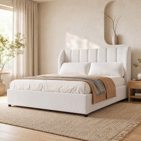 Lit adulte 140x200 cm en velours beige, moderne pour chambre, sans matelas FloraGrace (1/5)