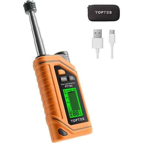 PT760 Détecteur de gaz Rechargeable, Detecteur Fuite de Gaz + Sonde Extensible 30cm + Lampe de Poche intégrée pour Propane méthane, Butane, pour Maison, RV - Mesure en%Lie - Orange