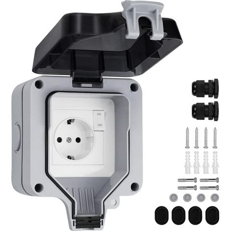 Prise étanche IP66 avec interrupteur et boîte dérivée, prise extérieure anti-poussière pour cuisine, salle de bain, garage, piscine et jardin, dimensions extérieures 8 (1/5)