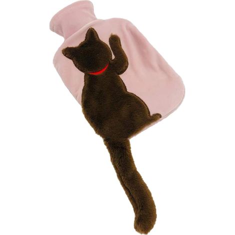 Gourde isotherme marron avec revêtement en peluche - Motif chat mignon - Douce - Soulage les crampes et les douleurs - 1000 ml