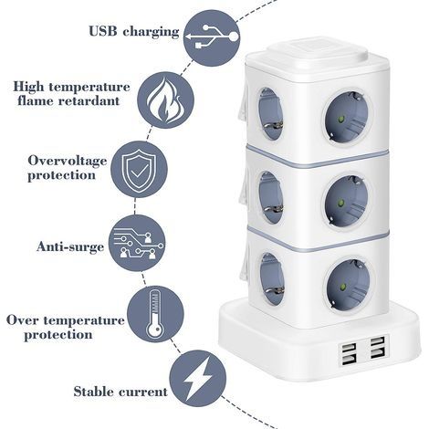 Steckdosenleiste in Turmform, 12 Steckdosen (2500 W / 10 A) mit 4 USB-Anschlüssen, Überspannungsschutz, vertikale Steckdosenleiste für Zuhause und Büro, 3 m Verlängerungskabel (1/4)