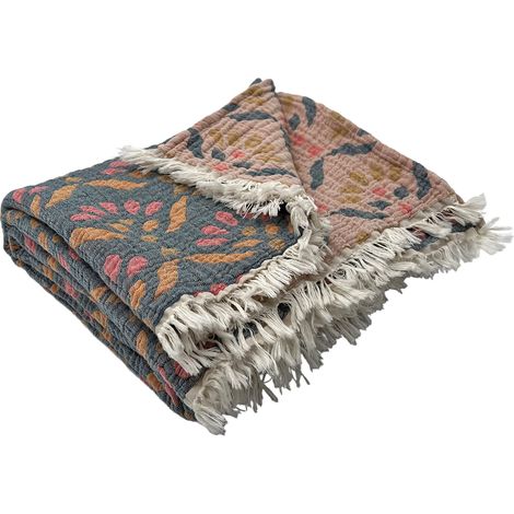 Plaid en gaze de coton lavée à motif végétal Rose 125x180 cm (1/2)