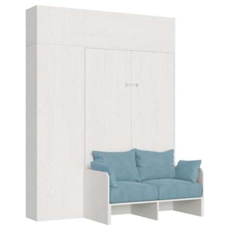 Letto matrimoniale francese a scomparsa 140 Kentaro con divano e mobili bianco frassino, azzurro