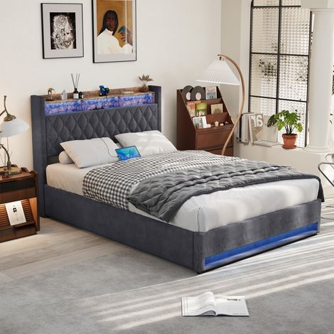Lit coffre 140x190, lit 2 places, lit adult,Tête de lit avec rangement et USB, lumières LED,sans matelas (1/5)