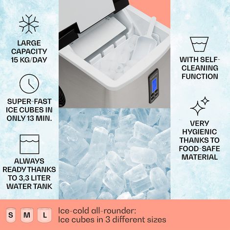 Klarstein 3.3L Small Ice Maker Machine, Counter Top Ice Machine For Home and Kitchen, Fast Operation, Makes 15 kg Bullet Ice, Two Sizes, LED Display, Easy To Clean Countertop Ice Cube Maker Machine (1/4)