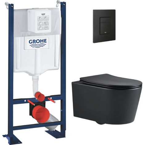 Pack WC Bâti-support Rapid SL + WC SAT sans bride noir mat + Abattant softclose + Plaque noire mat