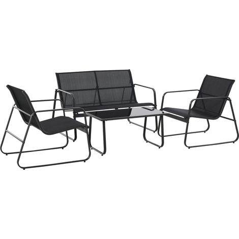 Ensemble de jardin 4 pièces comprenant un canapé d'extérieur 2 places, 2 fauteuils et une table basse en verre trempé, mobilier de terrasse en métal et textilène, noir.